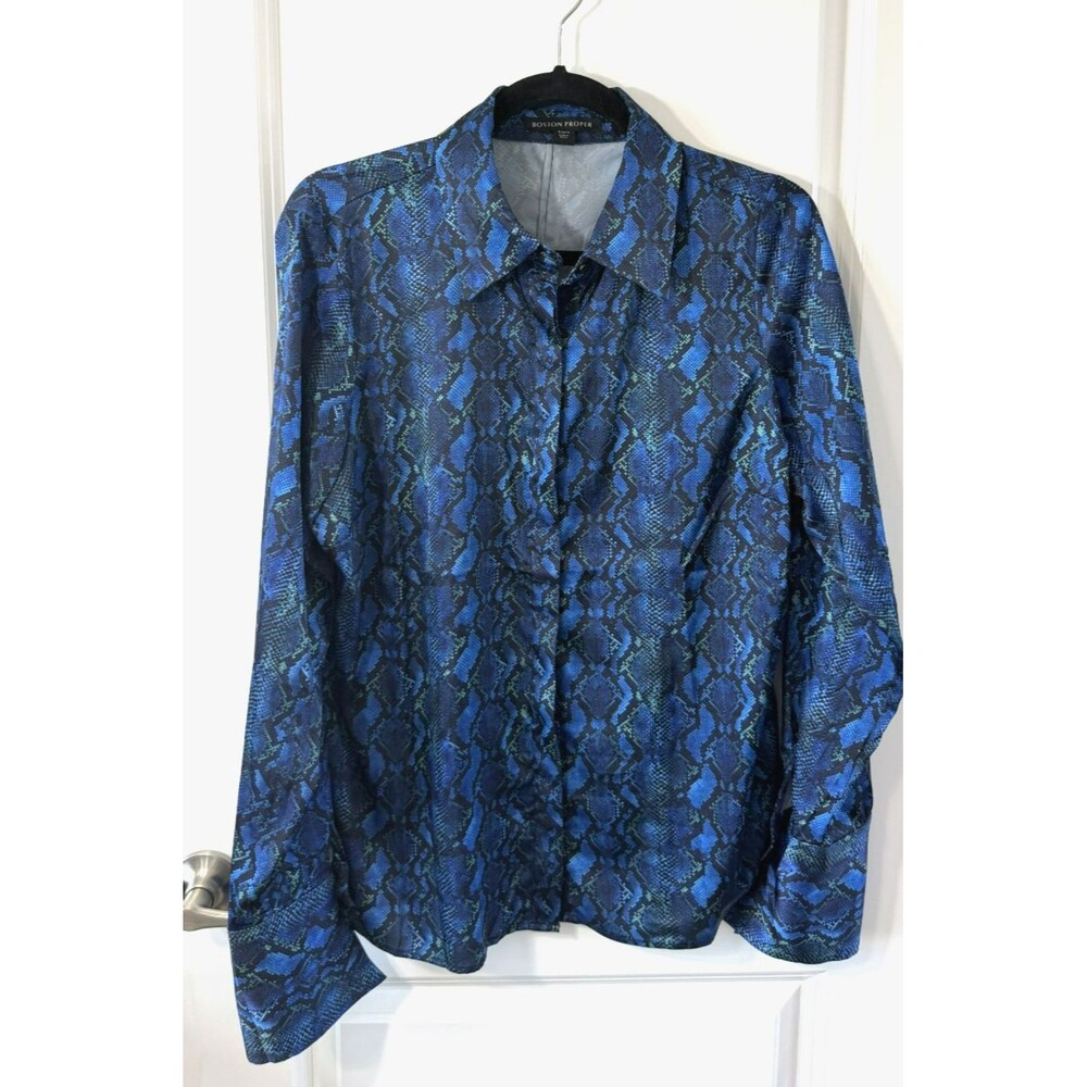 Boston Proper Size 14 Blue Snake Print Long Sleeve satin Blouse Button Up NWOT